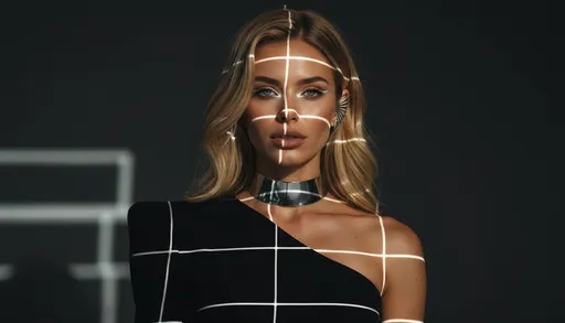 Prompt: Photorealistic, avant-garde close-up fashion portrait. Beautiful girl, (Slavic beauty), (long wavy blonde hair), athletic figure, (flirtatious smile), captivating blue eyes. She is standing in a studio, lit by a patterned projection — grids of white light and shadow fall across her face, neck and shoulders.

She wears a high-fashion, asymmetric black top with a single structured shoulder and minimalist metallic collar. Her skin is matte and sculpted, catching each shadow precisely.

Her makeup plays with contrast: white liner under the eyes, darkened brows, soft matte lips in neutral taupe. A single silver ear cuff shines through the projected shadow lines.

Her expression is calm, statuesque. She looks straight into the lens, her face partially obscured by geometric shadow. The camera frames her from just under the collarbone, creating an intense, high-art composition.

The mood is modern, abstract, and conceptual — fashion and light fused into graphic visual language.
