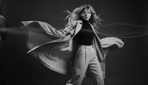 Prompt: Photorealistic, black and white image. Beautiful girl, (Slavic beauty), (long wavy blonde hair), athletic figure, (flirtatious smile), captivating blue eyes. She is captured mid-movement in a photography studio, with a strong directional fan blowing from the side, sending her hair and clothing dramatically into the air.

She wears a flowing, lightweight trench coat in soft fabric — open, fluttering around her body like wings. Underneath: a minimal black turtleneck tucked into high-waisted, wide-leg trousers that ripple in the wind. The combination of structured form and soft movement creates a striking contrast.

Her pose is off-balance in a deliberate way — one leg stepping forward, arms slightly lifted as if caught mid-turn. Her expression is focused but free, lips slightly parted, strands of hair flying across her cheek. The camera captures tension and release in a single frame.

The background is dark and minimal, but with faint light streaks where wind stirs up fabric and strands of hair. The lighting is sharp, creating vivid highlights and deep shadows across her moving figure.

The mood is cinematic, fashion-forward, and kinetic — a black-and-white portrait of power in motion, raw energy shaped by light and fabric.