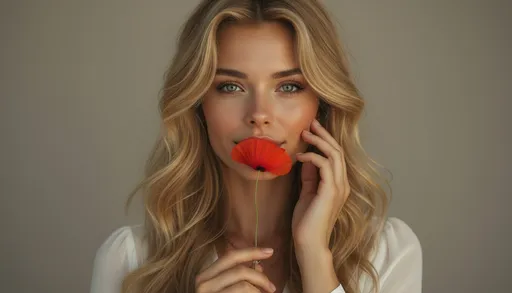 Prompt: Photorealistic, tight vertical portrait. Beautiful girl, (Slavic beauty), (long wavy blonde hair), athletic figure, (flirtatious smile), captivating blue eyes. She is photographed in soft, neutral light with a single red poppy flower gently resting against her lips — petals touching her skin like a secret.

She wears a sheer white blouse, barely visible in frame. Her makeup is minimal, soft-focus: warm peach tones on cheeks, barely-there mascara, and glossy lips that reflect natural light. The red of the flower becomes the visual anchor of the image.

Her gaze is direct but quiet — intimate, almost vulnerable. One hand holds the flower lightly, fingers brushing her cheek.

Her long hair falls naturally across one side of her face, half-shadowed. The background is a neutral canvas, letting skin, flower and expression speak.

The mood is intimate, emotional, and poetic — a portrait about feeling more than fashion, delicate and deeply human.