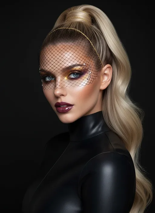 Prompt: Photorealistic, beautiful girl, (Slavic beauty), (long wavy blonde hair), athletic figure, (flirtatious smile), captivating blue eyes. She is photographed in a professional beauty editorial setup — clean dark studio background, ultra-precise lighting focused solely on her face and upper torso.

Her makeup is the centerpiece of the composition: a bold, artistic creation inspired by Pat McGrath’s haute couture looks. Metallic foils in gold and violet sculpt the eyelids into angular shapes, extending past the brow. Her cheekbones are accentuated with warm copper pigment, fading into translucent shimmer. Her lips are coated in deep glossed berry, with flecks of reflective pigment. Tiny crystals are delicately placed along her temples and inner corners of the eyes.

She wears a minimalist, high-collared latex or silk garment in matte black — sculptural and simple — allowing the focus to remain on the face. A transparent mesh veil partially covers her forehead, catching light like spider silk.

Her hair is pulled tightly back into a high ponytail wrapped with gold thread. The lighting is surgical: a single beam highlights her eyes and upper face, while the rest fades into a soft black gradient. Her expression is still, eyes directly into the lens — bold, unflinching, almost ethereal.

The mood is otherworldly, technical, and emotionally arresting — a pure beauty-focused portrait blending fashion, art, and design, reminiscent of the highest-tier editorial spreads.