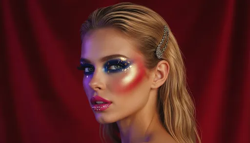 Prompt: Photorealistic, vibrant beauty close-up. Beautiful girl, (Slavic beauty), (long wavy blonde hair), athletic figure, (flirtatious smile), captivating blue eyes. She is photographed against a deep red velvet backdrop under bold colored studio lighting — rich jewel tones of purple and gold illuminating different sides of her face.

Her makeup is maximalist: glossy sapphire eyelids with flecks of gold leaf, cheeks glazed with ruby pigment, and lacquered lips in ultra-gloss hot pink with crystal detail on the lower lip. Her lashes are feathered and sculptural.

Her expression is powerful and confident — one eyebrow raised slightly, head tilted with attitude. Her long hair is styled wet and pushed back with visible shine. A single metallic hair clip glimmers near her temple.

Framed ultra-tight from below the shoulders up, camera angled slightly off-center to highlight asymmetry.

The mood is bold, decadent, and fearless — a Pat McGrath-style celebration of beauty as wearable art.