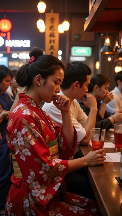 Prompt: group of Japanese individuals in traditional costumes, modern bar setting, sipping drinks, lively atmosphere, intriguing fusion of past and present, warm ambient lighting, vibrant details highlighting cultural attire, high quality, ultra-detailed, cinematic depth, showcasing vibrant contrasts between traditional clothing and contemporary surroundings.