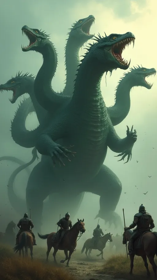 Prompt: A colossal seven-headed hydra roars at the sky, standing on its four legs. Meanwhile, a group of 3 medieval warriors battle it from the ground, some on horseback and others on foot. The size difference between the hydra and the warriors is immense. The hydra’s heads intertwine with one another, displaying the beast’s ferocity and its sharp teeth. The battle takes place at dawn, in a foggy setting where a few rays of morning light pierce through. The hydra is dark green, with lizard-like scales and a fin running from its back to the tip of its tail. The image resembles an oil painting, where the hydra and the warriors are rich in detail, while the background is blurred and barely defined. The atmosphere is dark, carrying the essence of a medieval legend.