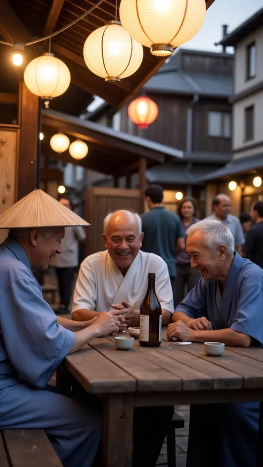 Prompt: Laughter fills the air as four elderly people gather around a rustic wooden table, adorned with traditional Japanese ceramics, in an inviting outdoor setting illuminated by warm lanterns. Dressed in blue yukatas some of them others don't, with Japanese traditional straw hats perched atop of the head of some of them, they exude a sense of camaraderie, embodying joy and nostalgia as they share stories over a bottle of sake and small cups of tea. The background reveals a slightly blurred scene of other patrons, contributing to a bustling yet intimate atmosphere typical of a quaint Japanese neighborhood. The soft, warm glow of the lanterns contrasts with the evening shadows, enhancing the rich colors and textures of the scene, which invites viewers into a moment of connection and tradition. Overall, the image radiates warmth, highlighting the beauty of friendship and shared experiences in a timeless setting.