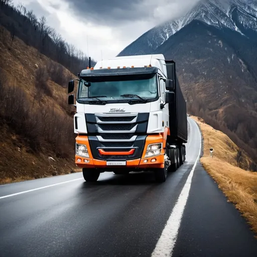 Prompt: Powerful truck on a road through the mountains