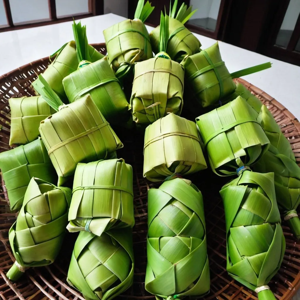 Prompt: Ketupat palas made using pandan leaves