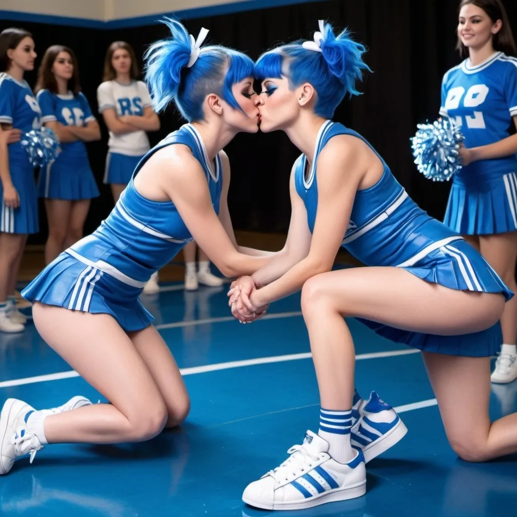 Prompt: a two blue pixie cut cheerleader gets possessed  ghosts and starts kissing while cheerleading while wearing blue ankle and blue adidas superstars 