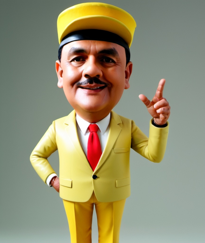 Prompt: 4d caricature of a 45 year old Indonesian man, smiling, with black hair to the side, tall, slim, wearing a yellow suite with white shirt and red tie, wearing black trousers, black loafers, wearing a plain black Indonesian National cap, standing straight with his right hand greeting hello, eyes looking straight ahead, face view with soft natural lightiing, full body, gradient background yellow