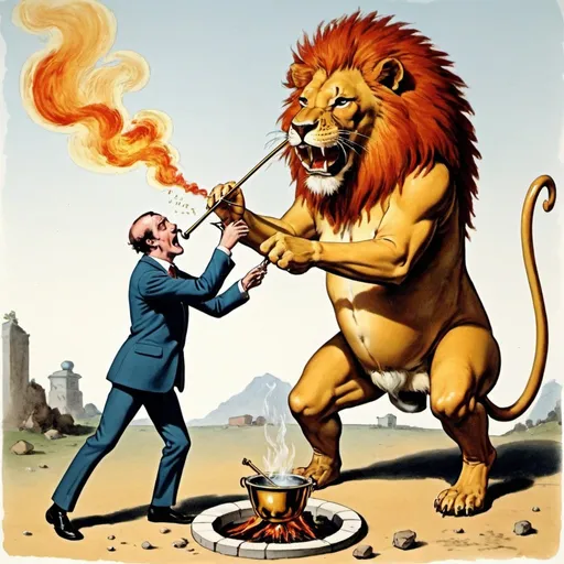 Prompt: A seven-feet high man is eating fire and is playing with a skinny lion, while he is boiling water with a trombone