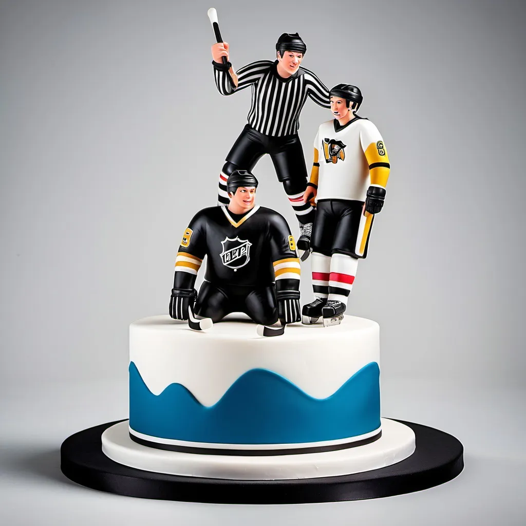 Prompt: hockey player and a ref on top of a cake