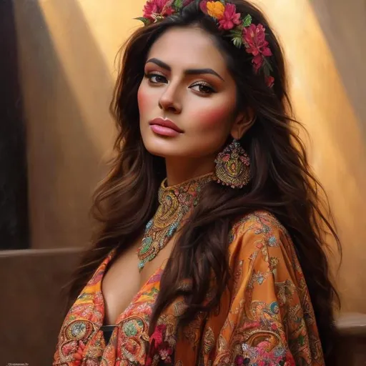 Prompt: Realistic oil painting of a beautiful Mexican woman, warm and natural lighting, traditional dress with intricate details, breathtaking beauty, high quality, realistic, oil painting, detailed features, traditional attire, vibrant colors, natural lighting, captivating gaze, professional artwork