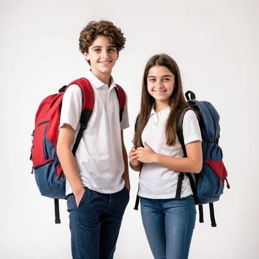 Prompt: Two 16 year old Italian students, a boy and a girl smiling, with backpack, standing figure, photography style with white background. To be used as an advertisement for a school. Create in high resolution