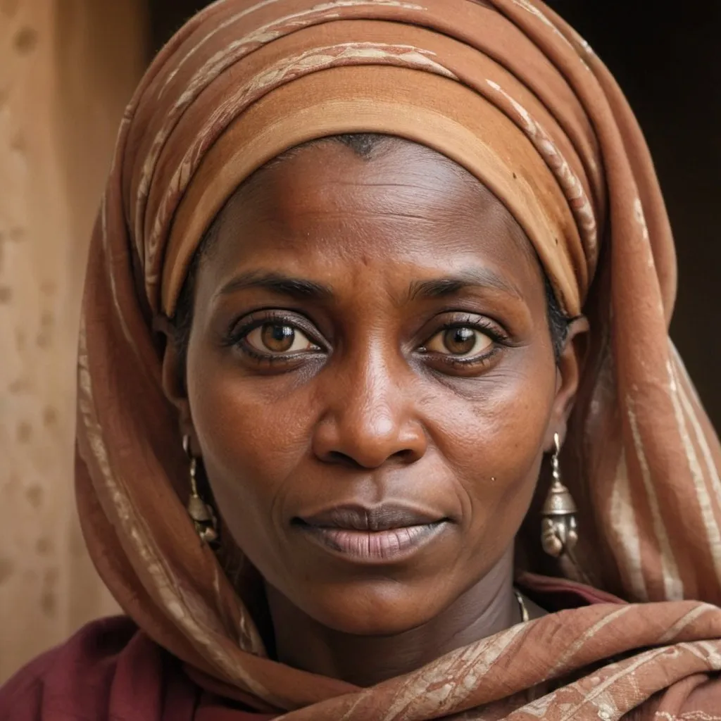 Prompt: Realistic portrait of a 40-year-old Foulani woman from Foutah Djallon, close-up, soft realism, kind eyes, deep brown, detailed features, warm tones, professional art, high quality, soft lighting