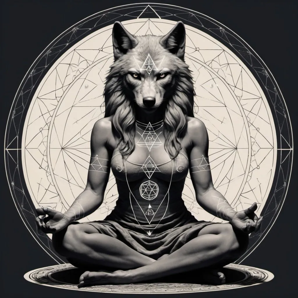 Prompt: Peaceful kind female werewolf in seated meditation sacred geometry alchemy in the style of Hans Valor