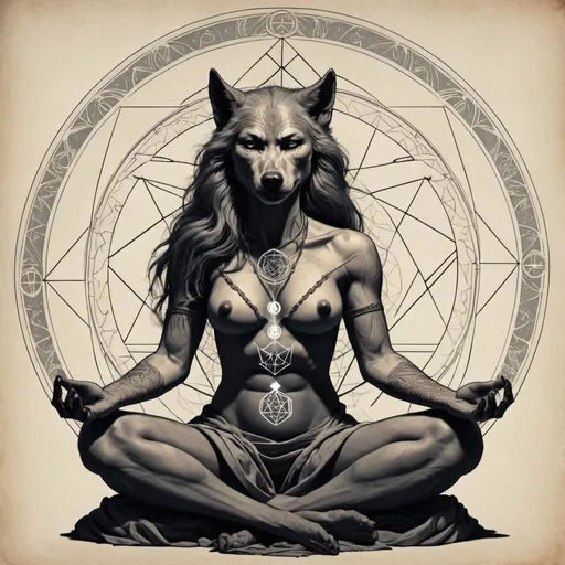 Prompt: Howling female werewolf in seated meditation sacred geometry alchemy in the style of Hans Valor