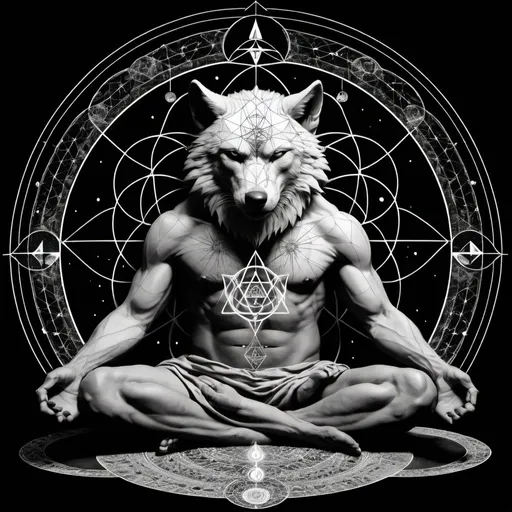 Prompt: Peaceful kind werewolf in meditation sacred geometry combined with alchemical rebis
