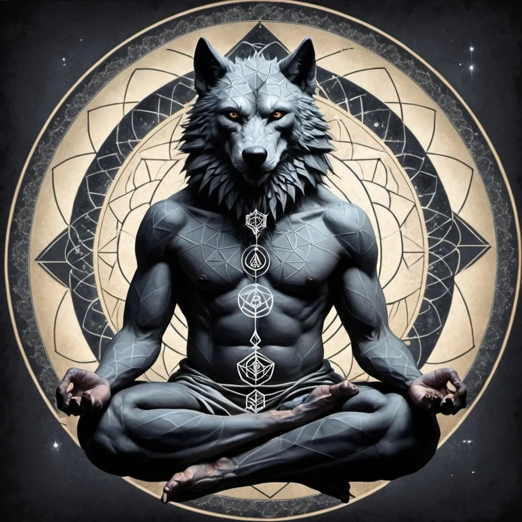 Prompt: Peaceful kind werewolf in meditation sacred geometry alchemy in the style of Kris Davison
