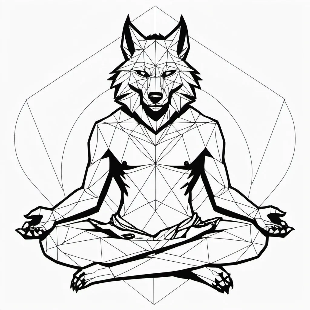 Prompt: Geometric outline of werewolf in seated meditation
