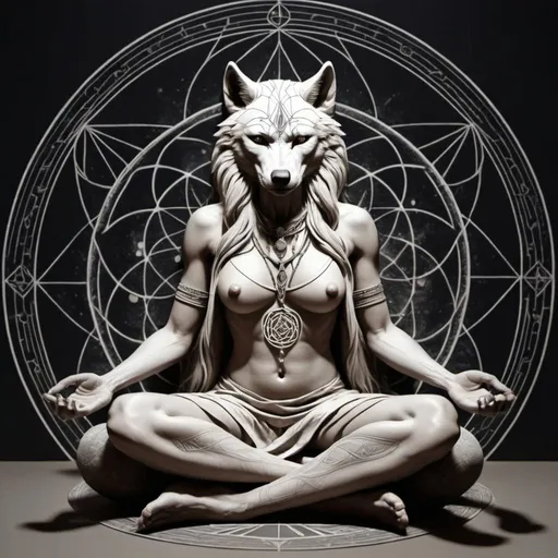 Prompt: Peaceful kind female werewolf in seated meditation sacred geometry alchemy in the style of Hans Valor