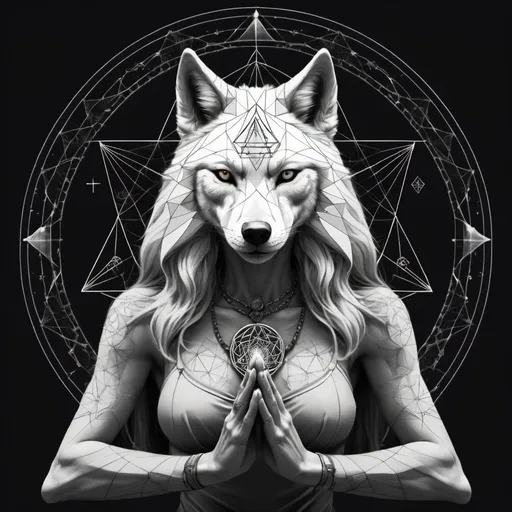 Prompt: Peaceful kind female werewolf in meditation sacred geometry alchemy in the style of Hans Valor
