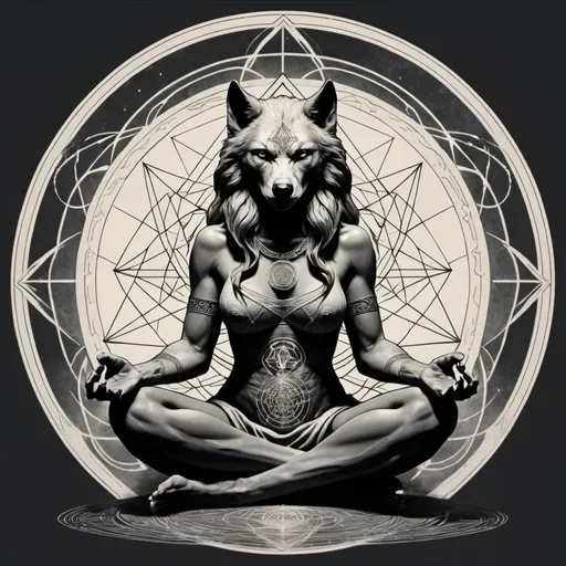 Prompt: Howling female werewolf in seated meditation sacred geometry alchemy in the style of Hans Valor