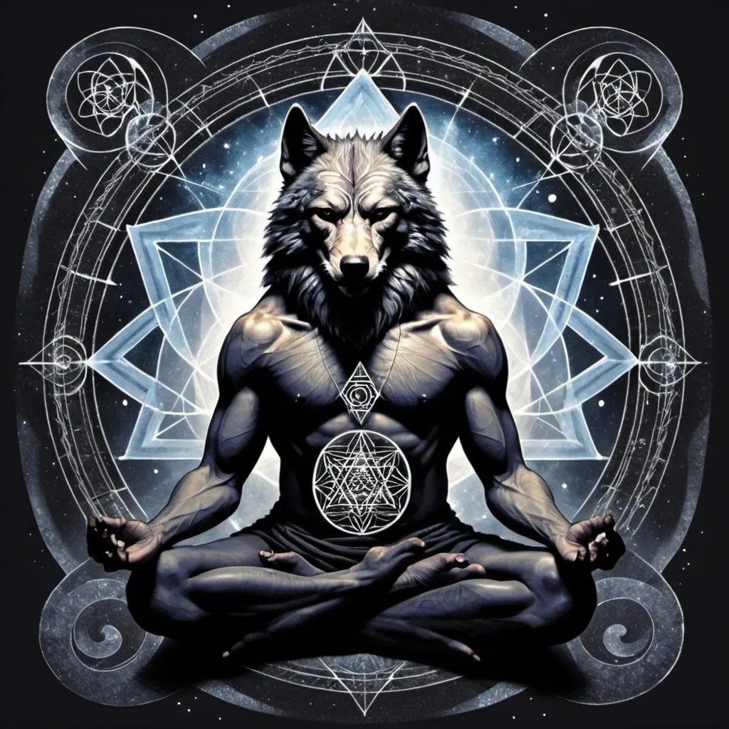 Prompt: Peaceful kind werewolf in meditation sacred geometry 
