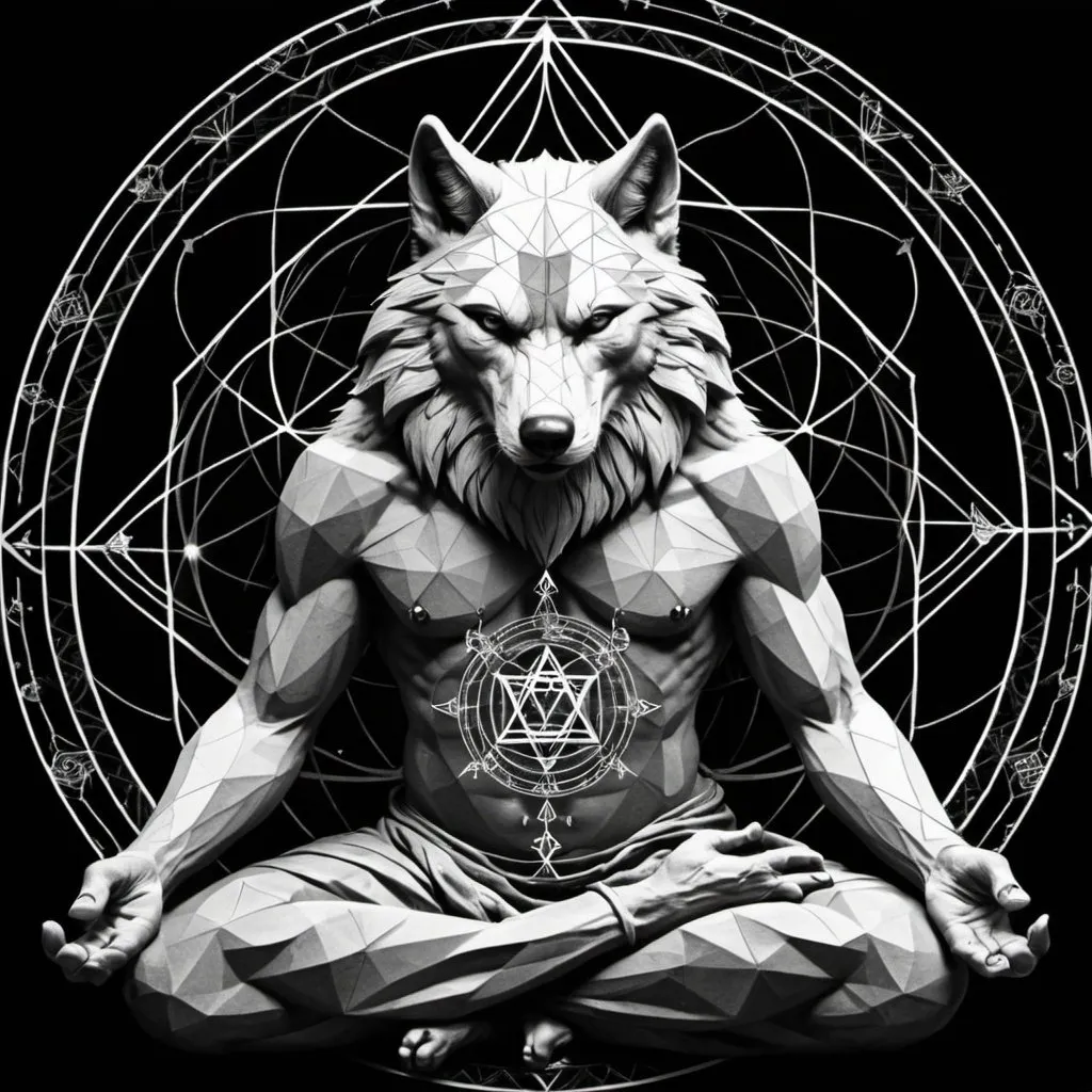 Prompt: Peaceful kind werewolf in meditation sacred geometry alchemy in the style of Hans Valor
