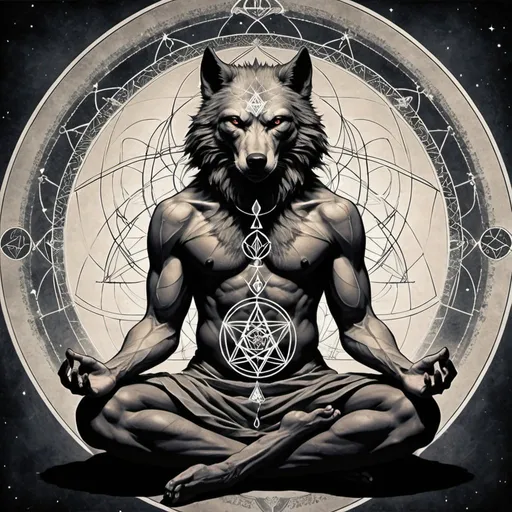 Prompt: Peaceful kind werewolf in meditation sacred geometry combined with alchemical rebis
