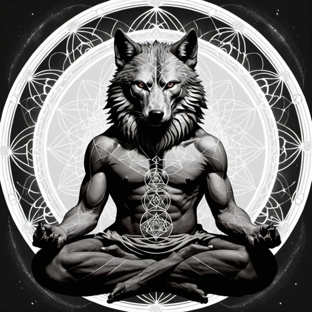 Prompt: Peaceful kind werewolf in meditation sacred geometry 
