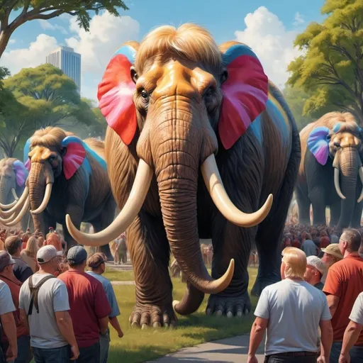 Prompt: large herd of  mastodons with human faces of trump supporters  in a city park, realistic digital painting, massive tusks, vibrant and colorful, high quality, realistic, prehistoric, detailed fur, gigantic, epic, majestic, dynamic lighting