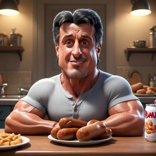 Prompt: Sylvester Stallone eat hod dogs, 3 d animated movie, animated film, 3 d animation demo reel, photorealistic disney, beautiful render, cinematic shot!, weta disney, 3d magical details, disney 2d animation still, animation film, pixar renderman render, in style of disney animation
