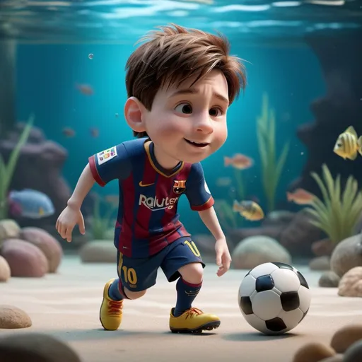 Prompt: little lionel messi is  playing football in aquarium, 3 d animated movie, animated film, 3 d animation demo reel, photorealistic disney, beautiful render, cinematic shot!, weta disney, 3d magical details, disney 2d animation still, animation film, pixar renderman render, in style of disney animation