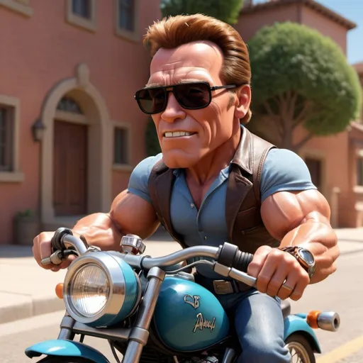 Prompt: tiny Arnold Schwarzenegger with sunglases drive a bike, 3 d animated movie, animated film, 3 d animation demo reel, photorealistic disney, beautiful render, cinematic shot!, weta disney, 3d magical details, disney 2d animation still, animation film, pixar renderman render, in style of disney animation