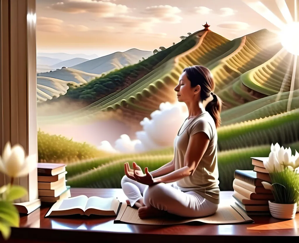 Prompt: Realistic view of the profile of a person facing the left and meditating in a terrase with green hills in the background,  books around, sunny and peaceful