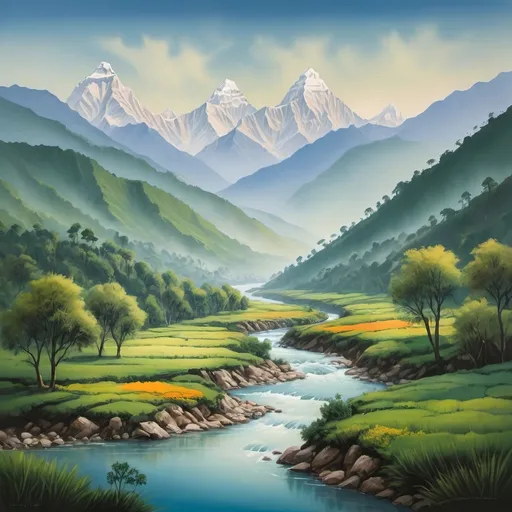 Prompt: The image should be a vibrant representation of Nepal's Himalayan region on a breathtakingly beautiful day. In terms of detail, it's essential to capture the majestic snow-capped mountains, lush green valleys, and serene rivers meandering through the landscape.

The artistic style should evoke a sense of serenity and natural wonder, reminiscent of the works of artists like Georgia O'Keeffe or Henri Rousseau. Incorporate soft, ethereal brushstrokes with an emphasis on capturing the delicate play of light and shadow.

An ideal color palette would feature soothing hues of cerulean blue (representing the sky), olive green (symbolizing the valleys and forests), and golden beige (reminiscent of the majestic mountains). Incorporate splashes of warm colors like orange, yellow, and pink to evoke a sense of vibrancy and energy.

Soft, natural lighting with a hint of warmth would be ideal, capturing the gentle glow of sunrise or sunset. The mood should be peaceful, serene, and awe-inspiring, inviting the viewer to step into this breathtaking landscape.

The perspective should be expansive, showcasing the grandeur of the Himalayan range while also highlighting the intricate details of the valleys below.