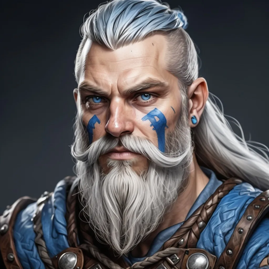 Prompt: Viking barbarian dnd grey hair long grey beard blue runes on face