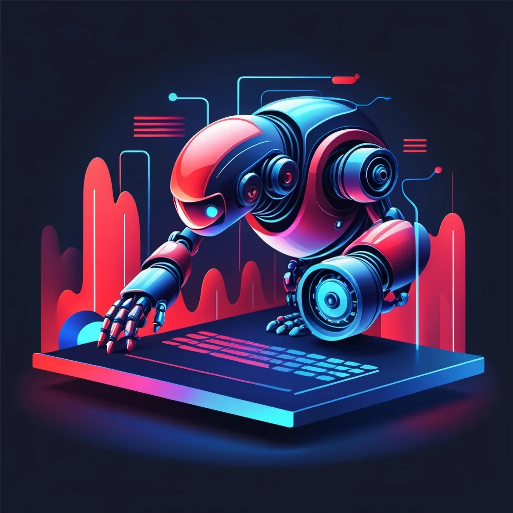 Prompt: illustation of automation with AI that speed up the development stock photo with color tune of red and  blue light and transparent with vector style, suitable to web landing