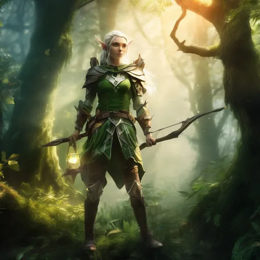 Prompt: Elf ranger in a mystical forest around sunlight