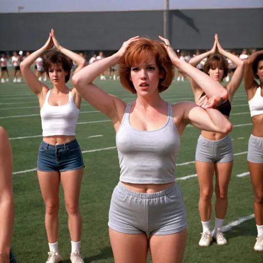 Prompt: Molly Ringwald As Claire Standish, and 30 other gorgeous girls, Doing Jumping Jacks in A Massive Aerobics Class On The Football Field, EXTREMELY SWEATY, Scarlet "SWEATY OHIO STATE STUDENT " SLEEVELESS SPAGHETTI STRAP T-SHIRT, GRAY SKIN-TIGHT ULTRA SHORT SHORTS, EXTREMELY FIT And Muscular, Perfectly Sculpted Female Body, With Long Legs, Seen From Behind, With Looks of Total Exhaustion On Their Faces, And Covered in Gorgeous Sweat!