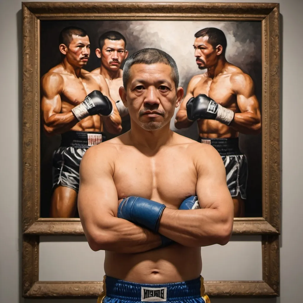 Prompt: a man standing in front of a painting of a fighter with his arms crossed and his arms crossed, wearing boxing shorts, Eddie Mendoza, figuration libre, photography, a character portrait