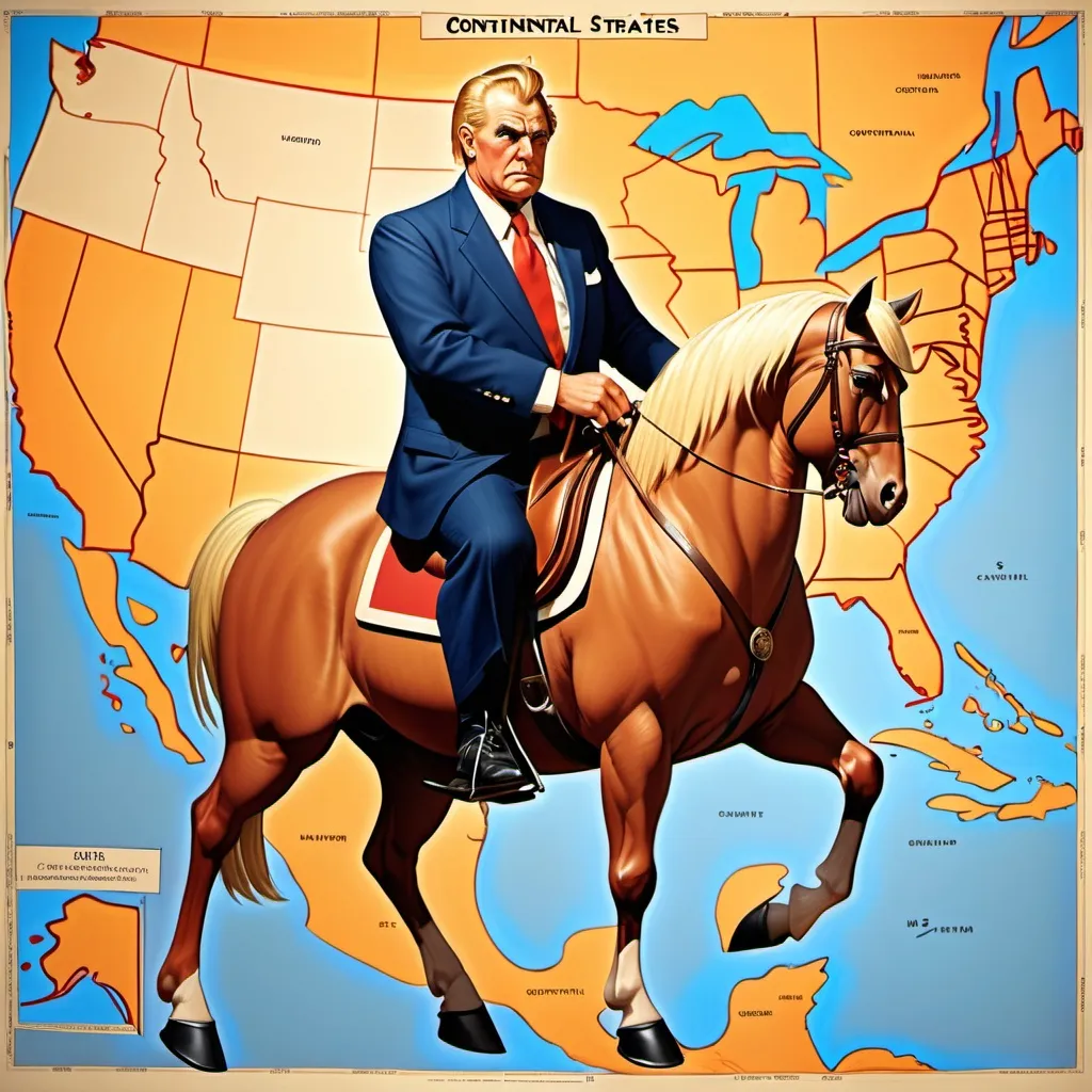 Prompt: A fictional character with yellow/blonde hair styled in a comb-over, orange/tan skin wearing a navy blue suit with a red tie. He is also around 74 years old and with broad shoulders and a little overweight. Heis depicted riding a stylized map of the continental United States as if it were a horse. The character’s face shows determination, looking westward toward a bright horizon that symbolizes hope and the 'promised land.' The map has subtle texture details representing geographical features.