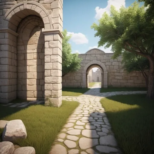 Prompt: Behind the back corner of a building to the left, a stone path leads through a single arch, photo, realistic, landscape 