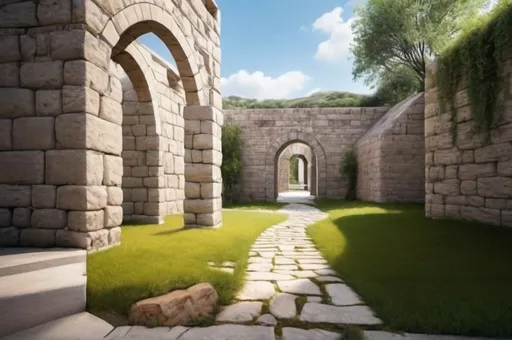 Prompt: Behind the back corner of a building to the left, a stone path leads through a single arch, photo, realistic, landscape 