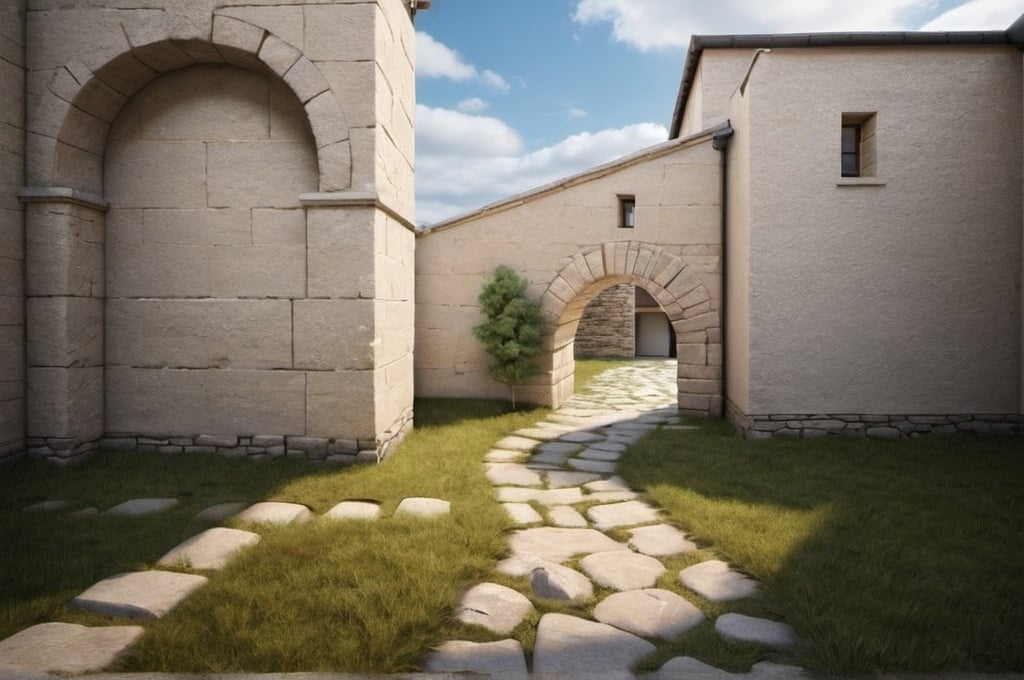 Prompt: Behind the back corner of a building on the left, a stone walkway going through an arch in the wall in the background, the wall is connected to the building on the left, natural light, realistic, landscape, Square Stones