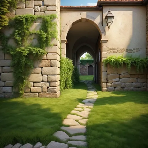Prompt: Stone path in grass behind the back corner of building, Stone Path leading to an archway in a wall in the background, wall in the background connected to building in the middle ground, high quality, detailed, realistic,   natural lighting, landscape