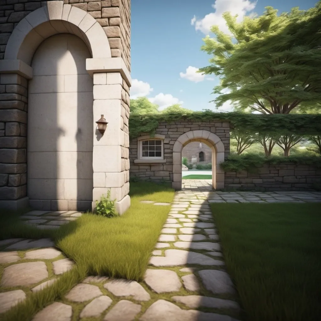 Prompt: Behind the back corner of a building on the left, a stone walkway going through an arch in the wall in the background, the wall is connected to the building on the left, natural light, realistic, landscape