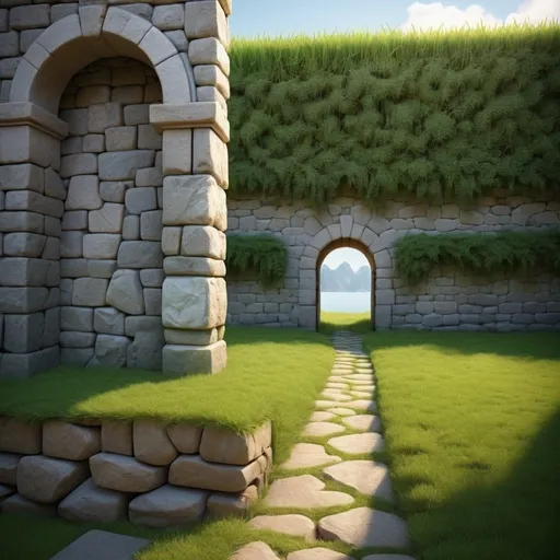 Prompt: Stone path in grass, leading to an archway in a wall, wall connected  tô building, behind the back corner of building, high quality, detailed, realistic,   natural lighting, landscape