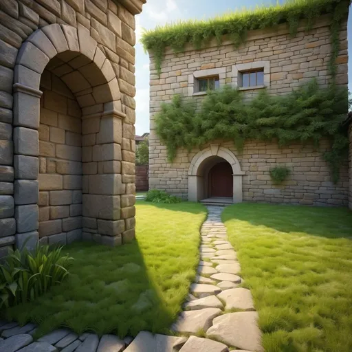 Prompt: Stone path in grass behind the back corner of building, Stone Path leading to an archway in a wall in the background, wall in the background connected to building in the middle ground, high quality, detailed, realistic,   natural lighting, landscape