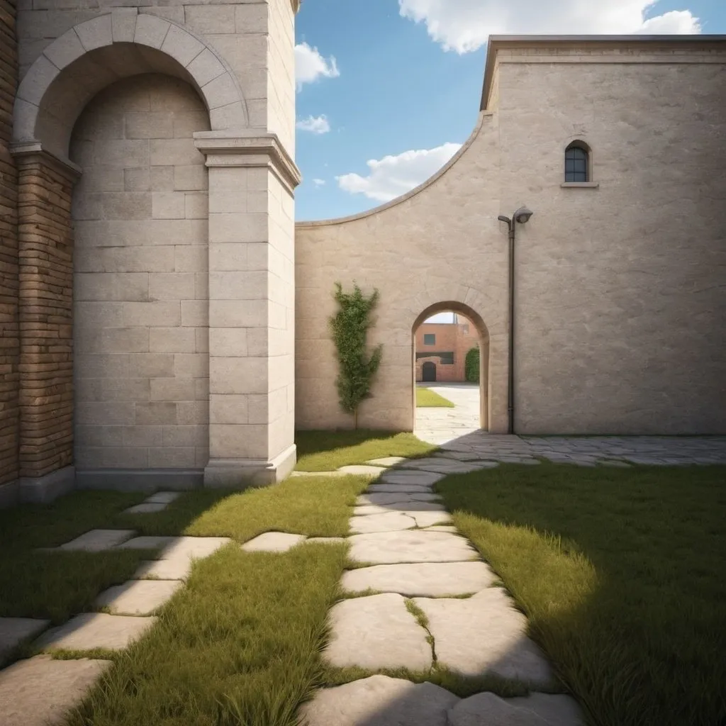 Prompt: a stone walkway behind back corner of buildIng on the left, and a wall with an arch connected to the back corner of the building on the left, natural light, realistic, landscape