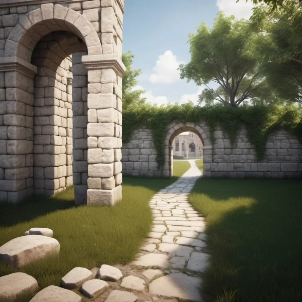 Prompt: Behind the back corner of a building to the left, a stone path leads through a single arch, photo, realistic, landscape 